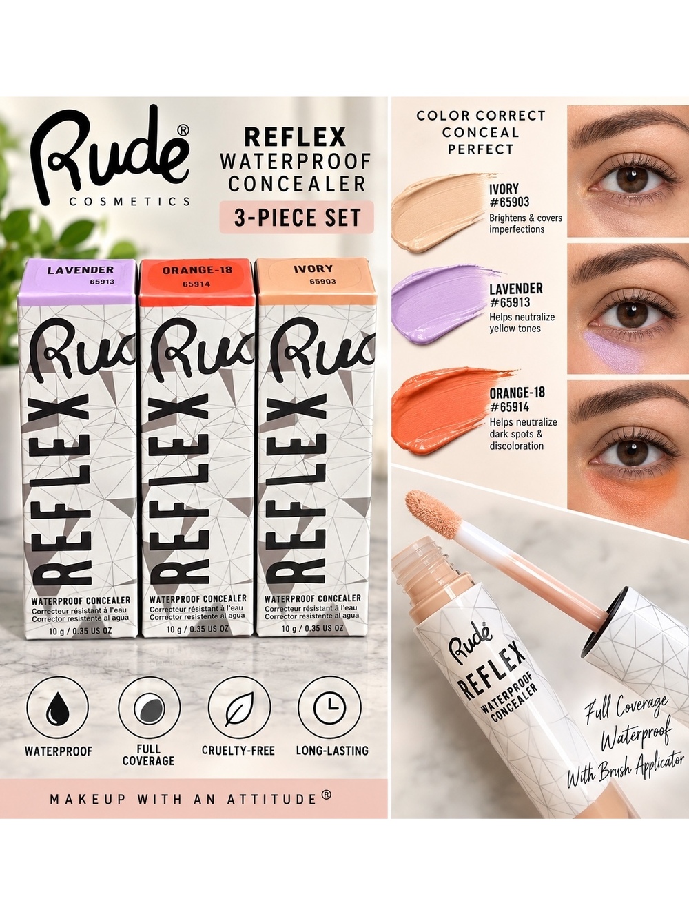 Rude Cosmetics Reflex Waterproof Concealer 3-Piece Set